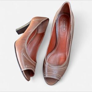 Coach Celeste Brown Leather Peep-Toe Heels